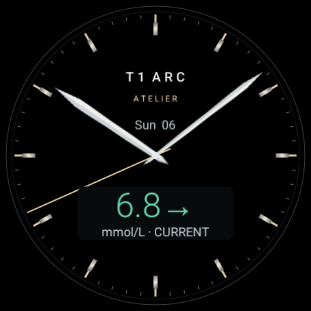 Atelier T1 Arc watch face with an example glucose reading.