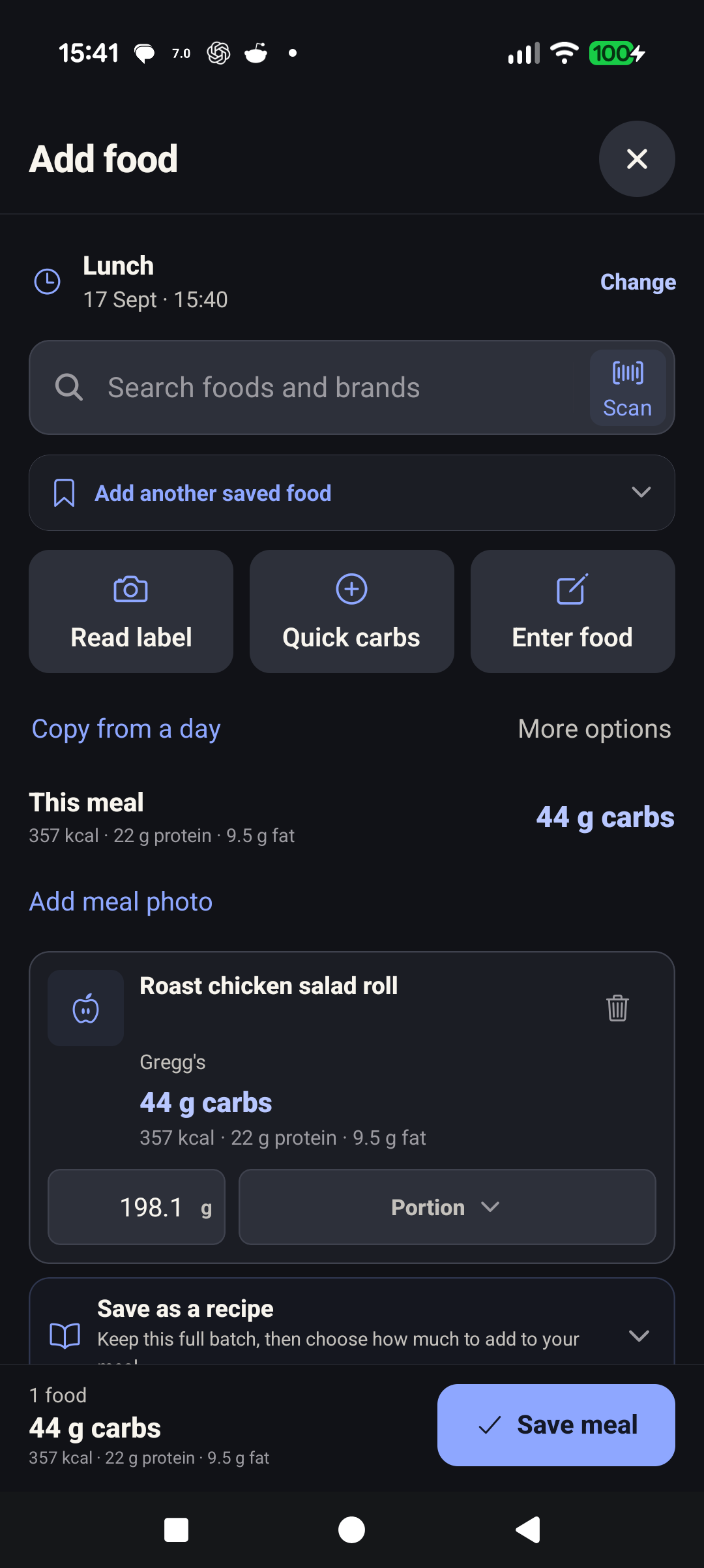 Add food screen with barcode scanning, label reading, saved food and portion controls for an unsaved lunch draft.
