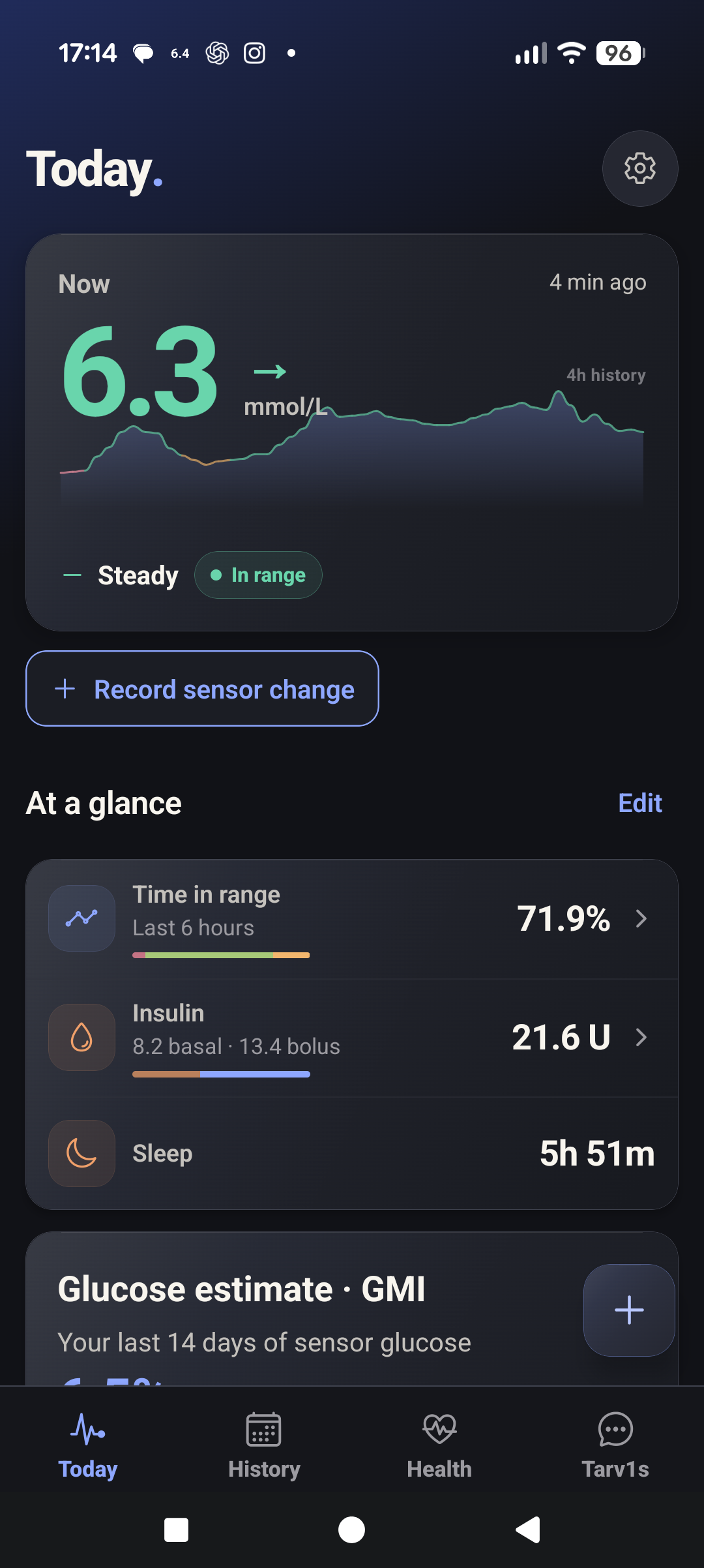 T1 Arc Today: 6.3 mmol/L, steady, updated four minutes before capture, with a continuous four-hour glucose graph, time in range, insulin and sleep below.